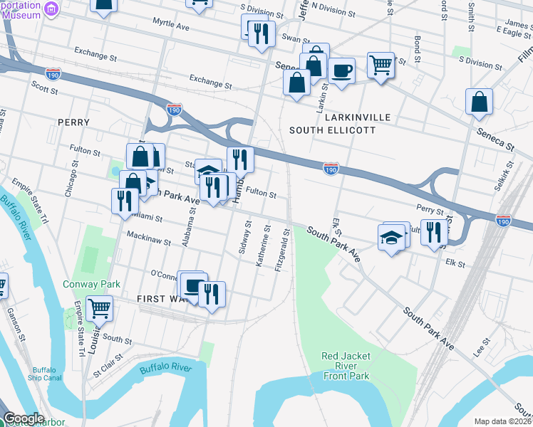 map of restaurants, bars, coffee shops, grocery stores, and more near 623 South Park Avenue in Buffalo