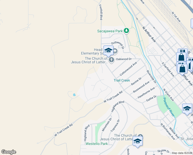 map of restaurants, bars, coffee shops, grocery stores, and more near 1400 De Salle Court in Pocatello