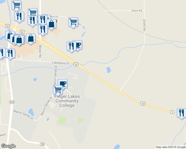 map of restaurants, bars, coffee shops, grocery stores, and more near 4261 Highway 20 in Canandaigua