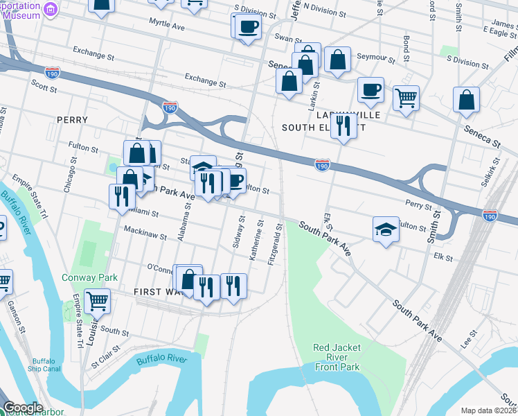 map of restaurants, bars, coffee shops, grocery stores, and more near 623 South Park Avenue in Buffalo