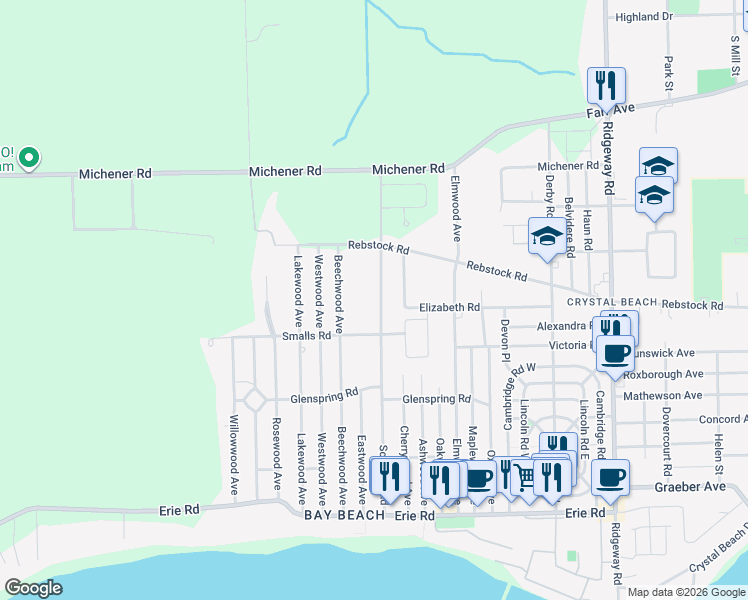 map of restaurants, bars, coffee shops, grocery stores, and more near 177 Schooley Road in Fort Erie