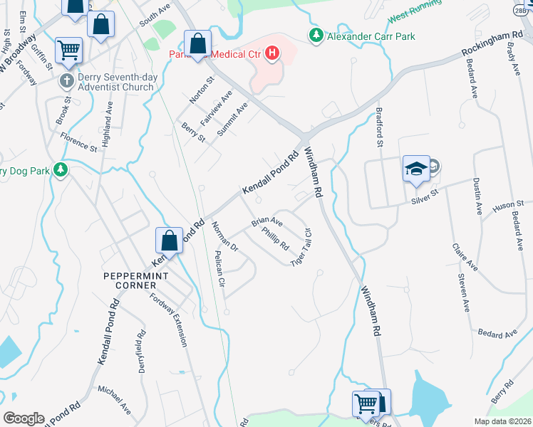 map of restaurants, bars, coffee shops, grocery stores, and more near 9 Phillip Road in Derry