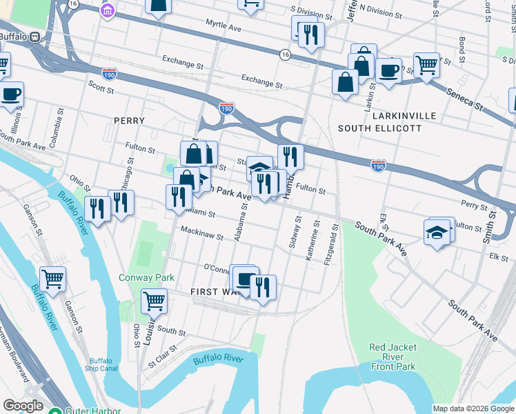 map of restaurants, bars, coffee shops, grocery stores, and more near 284 Miami Street in Buffalo