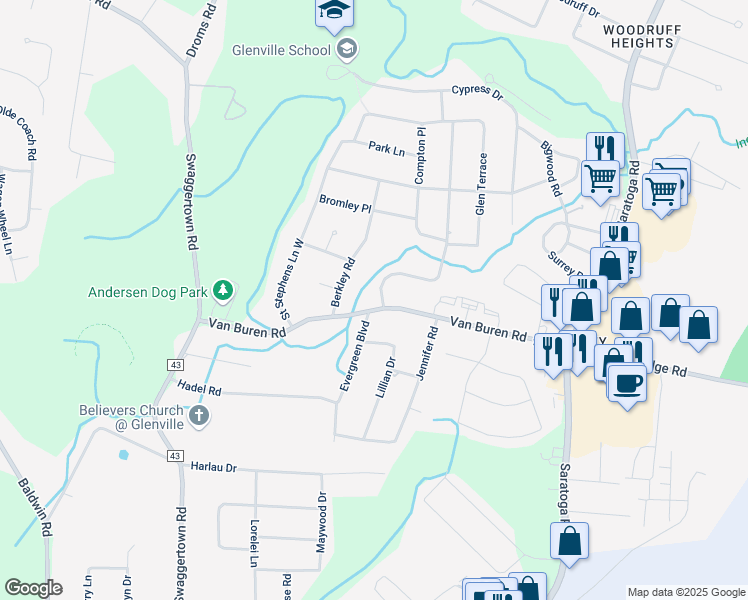 map of restaurants, bars, coffee shops, grocery stores, and more near 1 Evergreen Boulevard in Schenectady