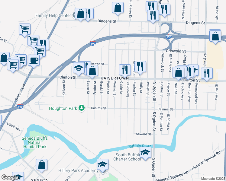 map of restaurants, bars, coffee shops, grocery stores, and more near 113 Weiss Street in Buffalo