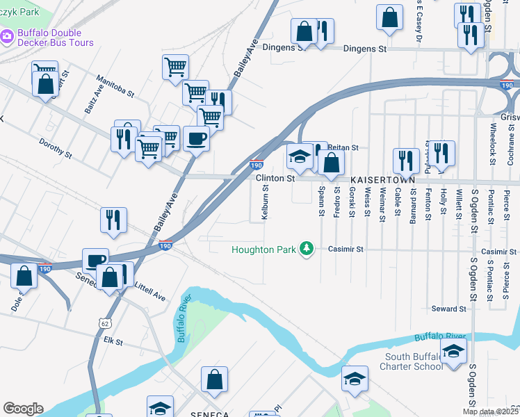 map of restaurants, bars, coffee shops, grocery stores, and more near 21 Roberts Avenue in Buffalo