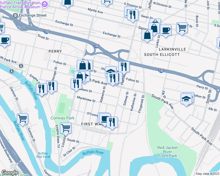 map of restaurants, bars, coffee shops, grocery stores, and more near 284 Miami Street in Buffalo