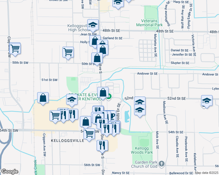 map of restaurants, bars, coffee shops, grocery stores, and more near 39 52nd Street Southeast in Grand Rapids