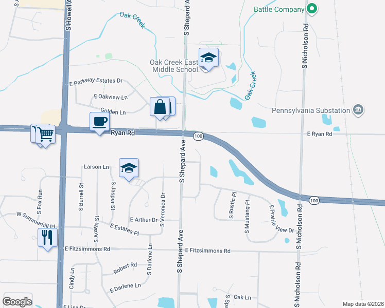 map of restaurants, bars, coffee shops, grocery stores, and more near 841 East Overlook Way in Oak Creek