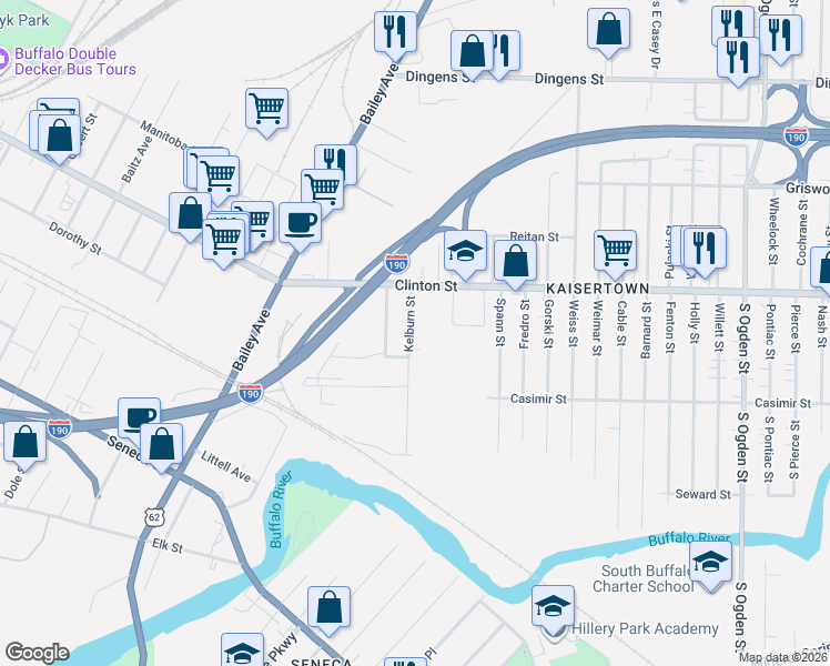 map of restaurants, bars, coffee shops, grocery stores, and more near 105 Kelburn Street in Buffalo