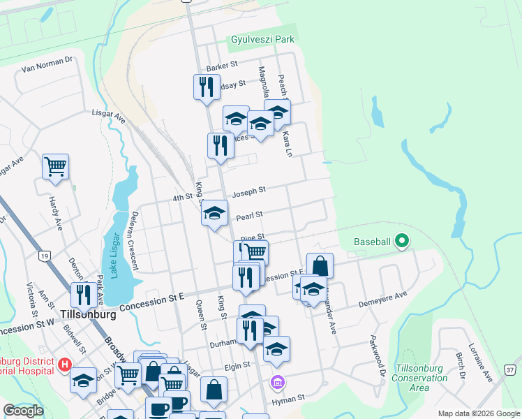 map of restaurants, bars, coffee shops, grocery stores, and more near 26 Pearl Street in Tillsonburg