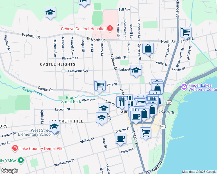 map of restaurants, bars, coffee shops, grocery stores, and more near 16 Merrill Place in Geneva