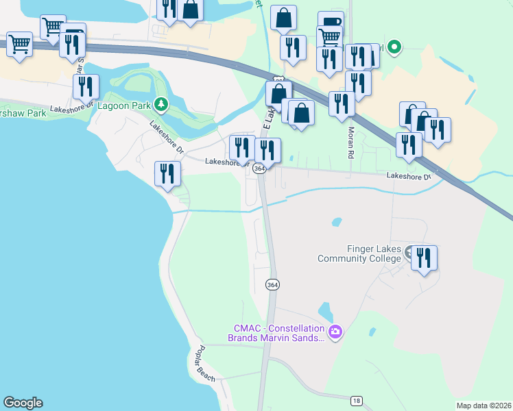 map of restaurants, bars, coffee shops, grocery stores, and more near 3281 Eastwind Way in Canandaigua