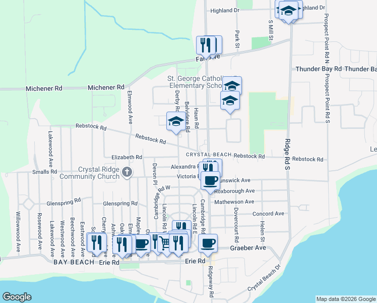 map of restaurants, bars, coffee shops, grocery stores, and more near 3911 Rebstock Road in Fort Erie