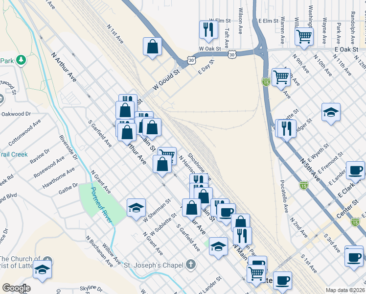 map of restaurants, bars, coffee shops, grocery stores, and more near 1100 Shoshone Avenue in Pocatello