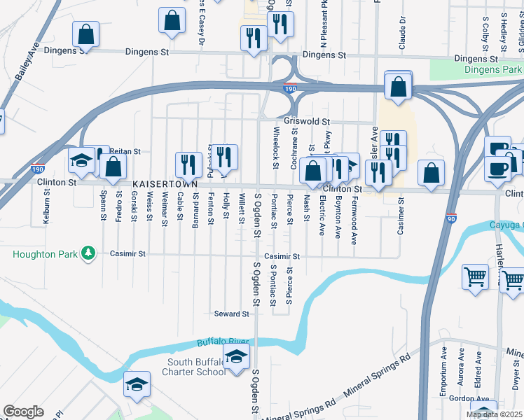 map of restaurants, bars, coffee shops, grocery stores, and more near 324 South Ogden Street in Buffalo