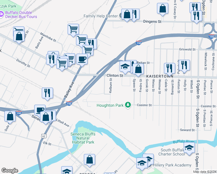 map of restaurants, bars, coffee shops, grocery stores, and more near 21 Roberts Avenue in Buffalo
