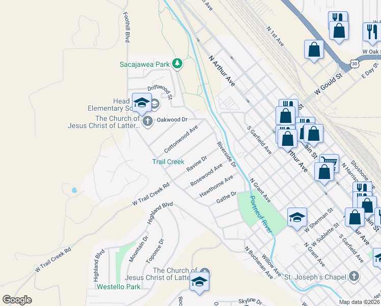 map of restaurants, bars, coffee shops, grocery stores, and more near 131 Maplewood Avenue in Pocatello