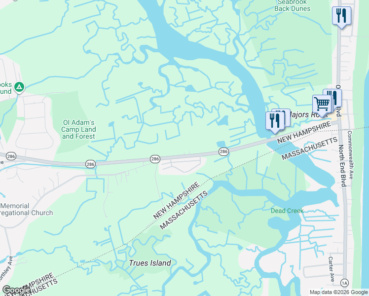 map of restaurants, bars, coffee shops, grocery stores, and more near 315 New Hampshire 286 in Seabrook