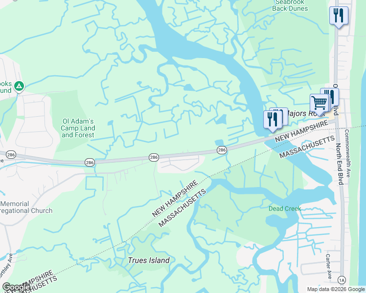 map of restaurants, bars, coffee shops, grocery stores, and more near 315 New Hampshire 286 in Seabrook