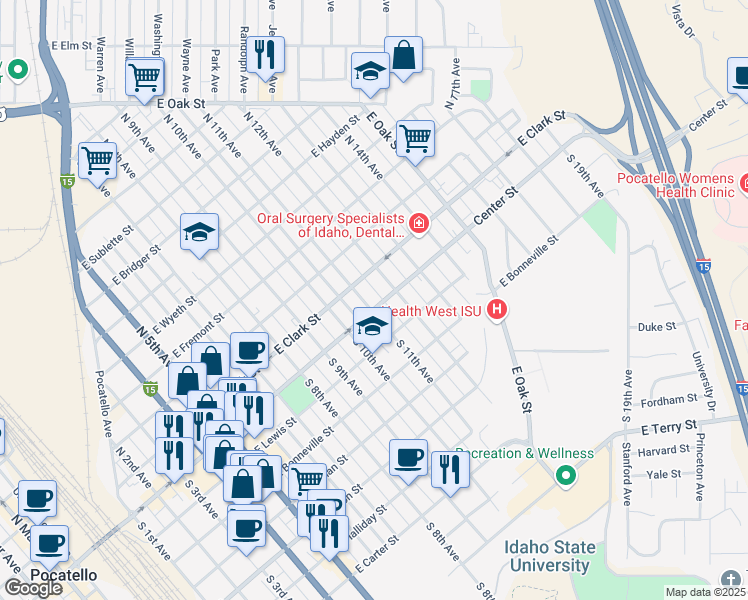 map of restaurants, bars, coffee shops, grocery stores, and more near 1218 East Center Street in Pocatello