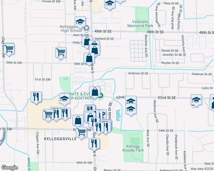 map of restaurants, bars, coffee shops, grocery stores, and more near 5128 St Louis Drive Southeast in Grand Rapids