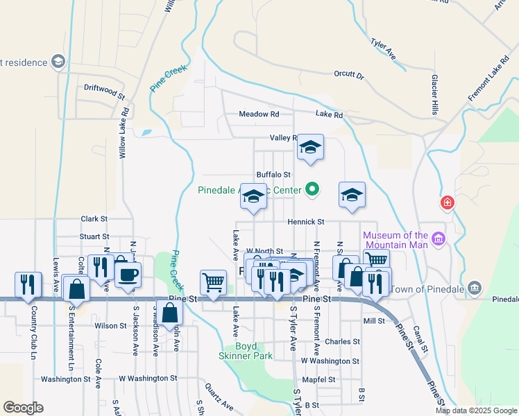 map of restaurants, bars, coffee shops, grocery stores, and more near 113 Beaver Street in Pinedale
