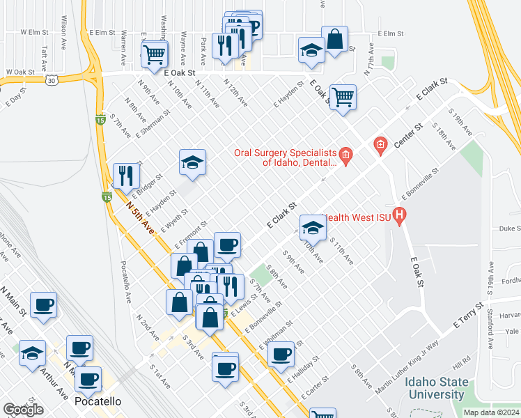 map of restaurants, bars, coffee shops, grocery stores, and more near 1025 East Lander Street in Pocatello