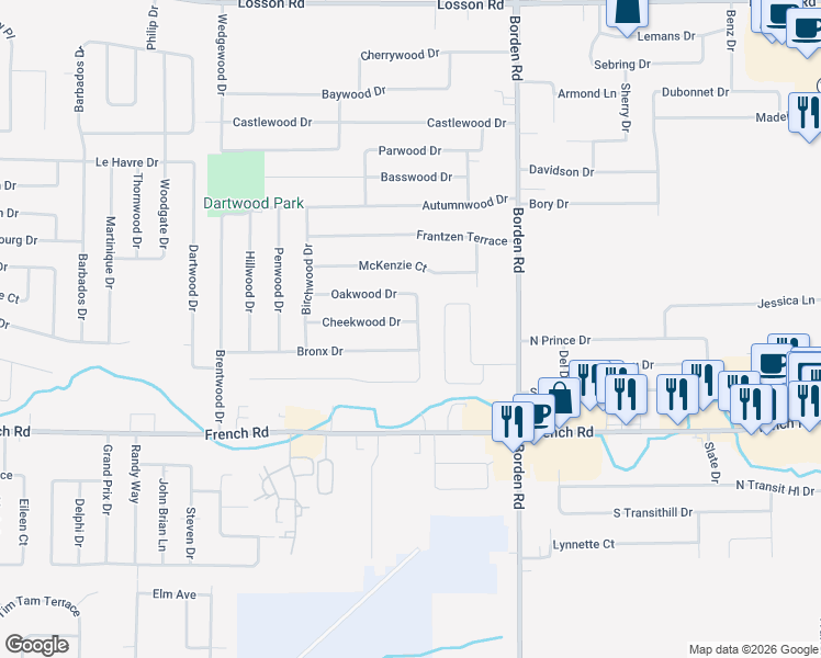 map of restaurants, bars, coffee shops, grocery stores, and more near 215 Sprucewood Drive in Buffalo