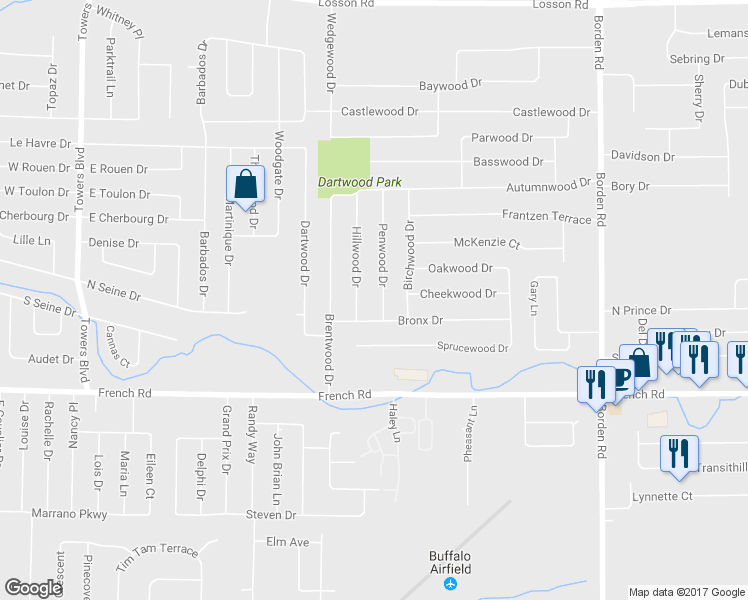 map of restaurants, bars, coffee shops, grocery stores, and more near 36 Penwood Drive in Buffalo