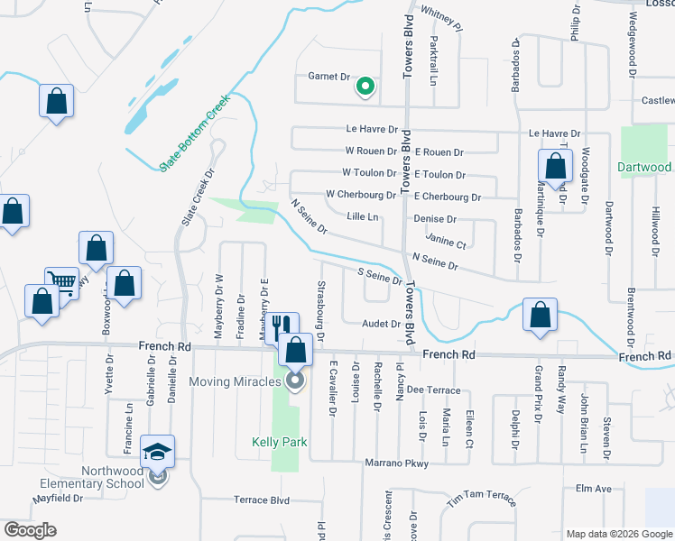map of restaurants, bars, coffee shops, grocery stores, and more near 176 South Seine Drive in Buffalo