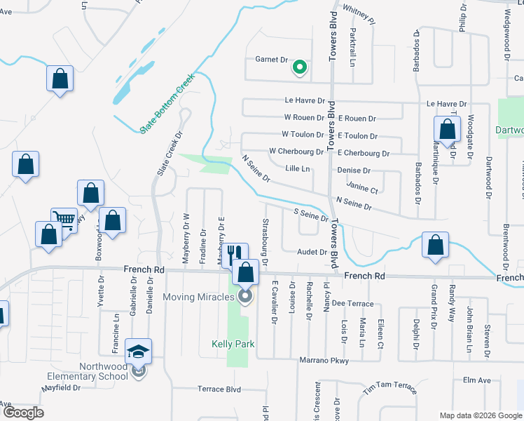 map of restaurants, bars, coffee shops, grocery stores, and more near 176 South Seine Drive in Buffalo