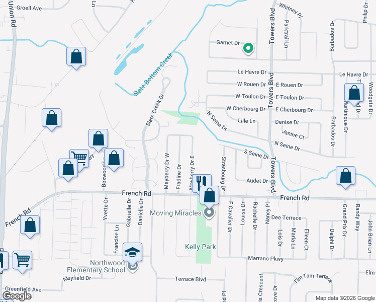 map of restaurants, bars, coffee shops, grocery stores, and more near 89 Mayberry Drive East in Buffalo