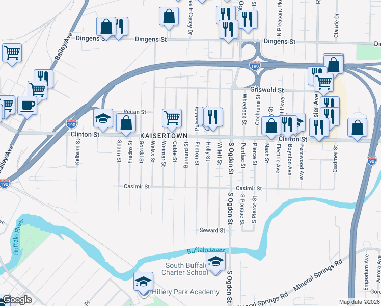map of restaurants, bars, coffee shops, grocery stores, and more near in Buffalo