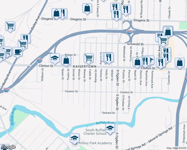map of restaurants, bars, coffee shops, grocery stores, and more near in Buffalo