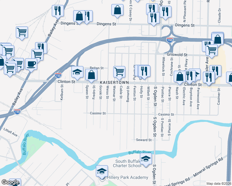 map of restaurants, bars, coffee shops, grocery stores, and more near in Buffalo