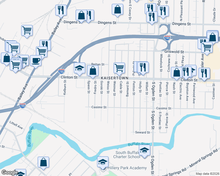 map of restaurants, bars, coffee shops, grocery stores, and more near 163 Weiss Street in Buffalo