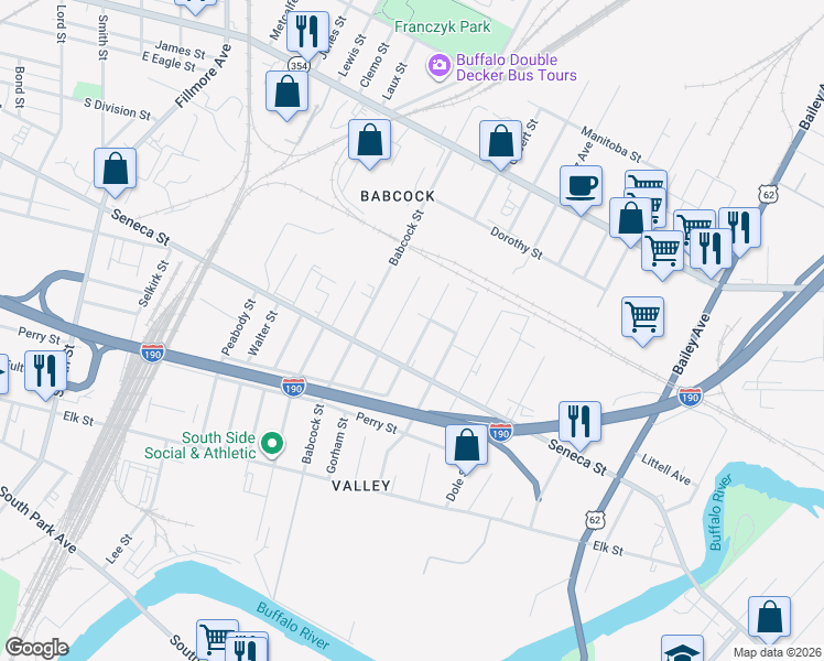 map of restaurants, bars, coffee shops, grocery stores, and more near 136 Imson Street in Buffalo