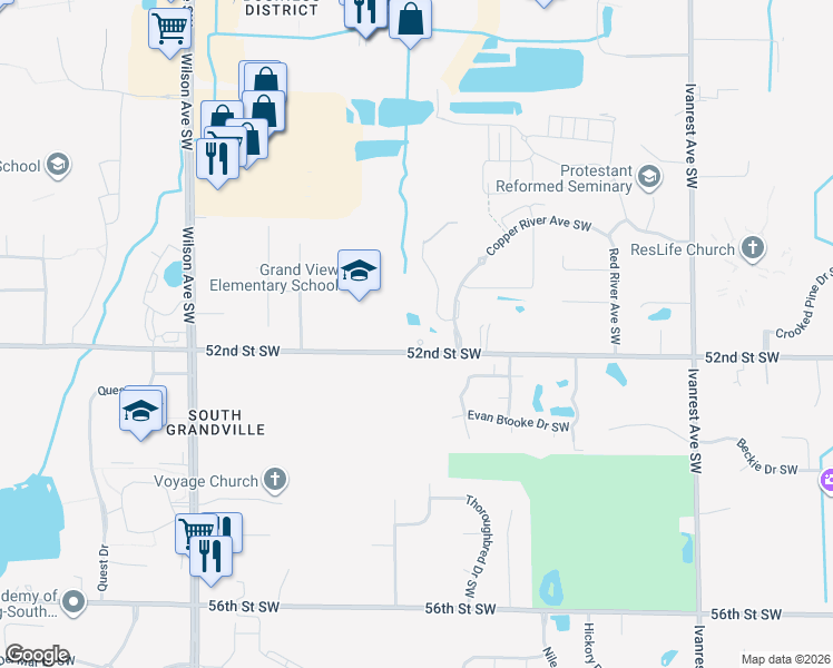 map of restaurants, bars, coffee shops, grocery stores, and more near 3540 Copper River Avenue Southwest in Grandville