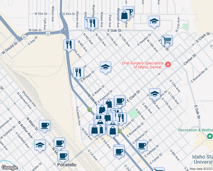 map of restaurants, bars, coffee shops, grocery stores, and more near 446 North 7th Avenue in Pocatello