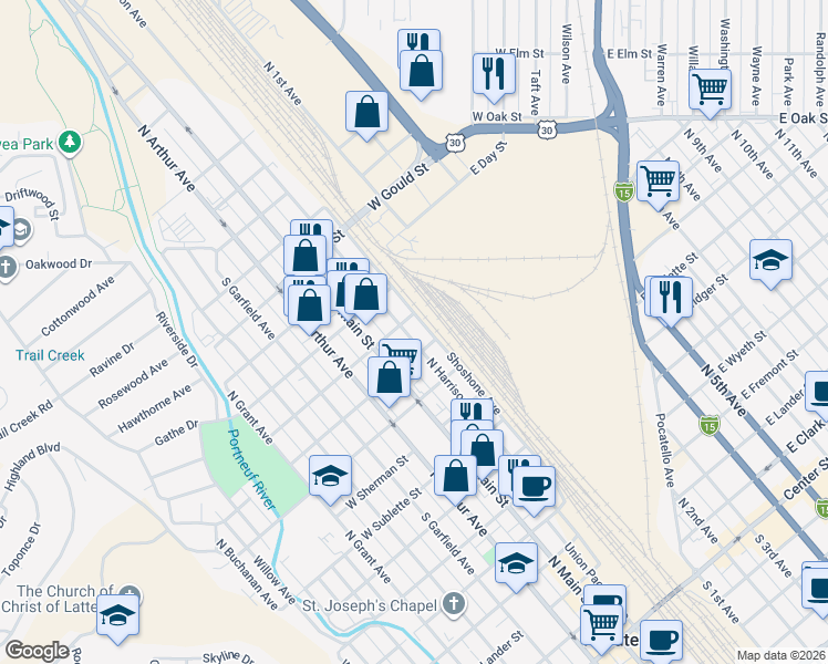map of restaurants, bars, coffee shops, grocery stores, and more near 1100-1198 Shoshone Avenue in Pocatello