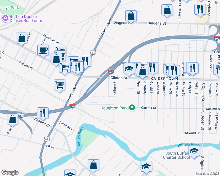 map of restaurants, bars, coffee shops, grocery stores, and more near 111 Roberts Avenue in Buffalo