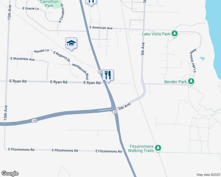 map of restaurants, bars, coffee shops, grocery stores, and more near 3826 East Ryan Road in Oak Creek
