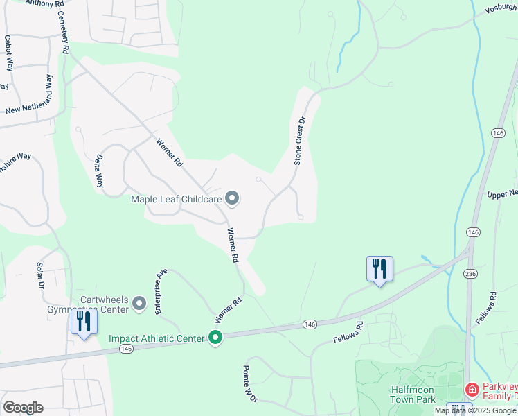 map of restaurants, bars, coffee shops, grocery stores, and more near 14 Stone Crest Drive in Saratoga County