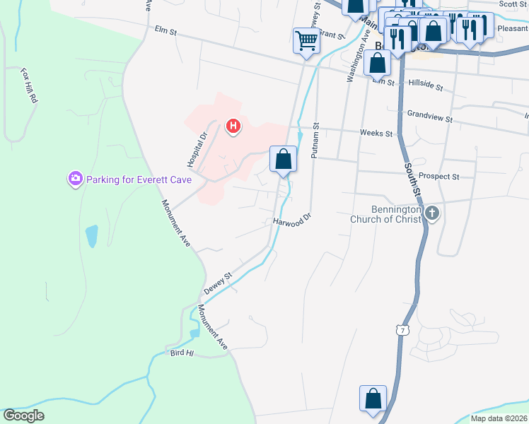map of restaurants, bars, coffee shops, grocery stores, and more near 26 Knoll Crest Lane in Bennington