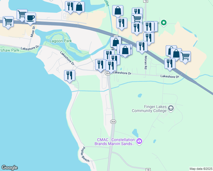 map of restaurants, bars, coffee shops, grocery stores, and more near Golf Beach Shores in Canandaigua