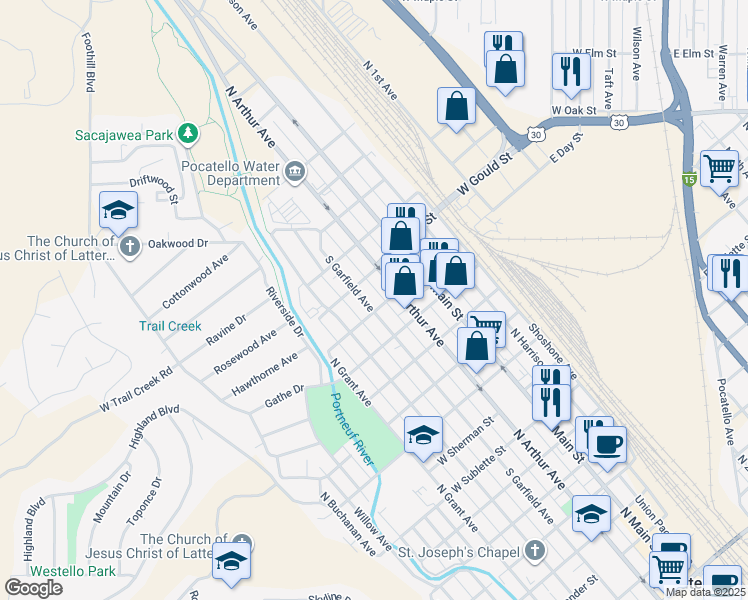 map of restaurants, bars, coffee shops, grocery stores, and more near 1439 North Arthur Avenue in Pocatello
