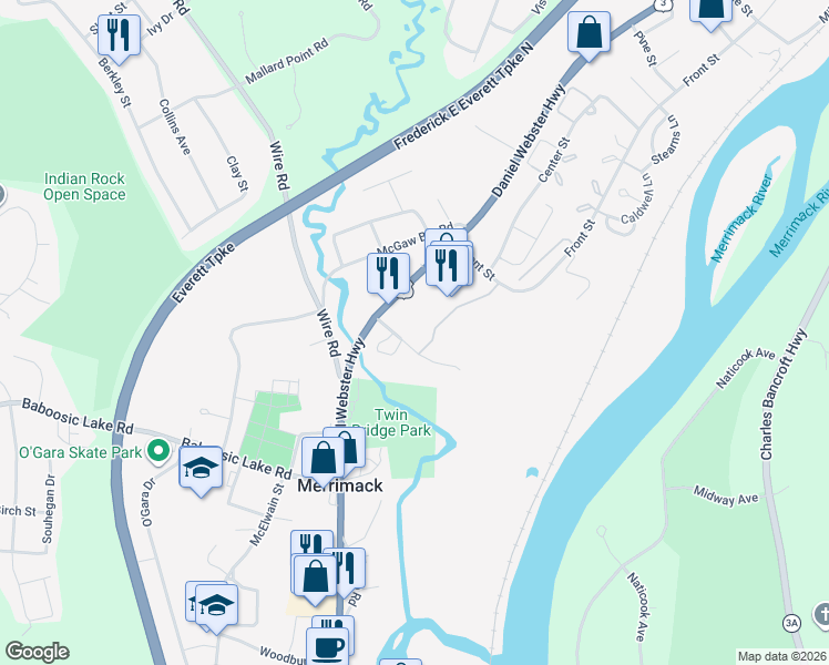 map of restaurants, bars, coffee shops, grocery stores, and more near 515 Daniel Webster Highway in Merrimack