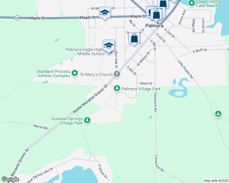 map of restaurants, bars, coffee shops, grocery stores, and more near 131 Carriage Way in Palmyra