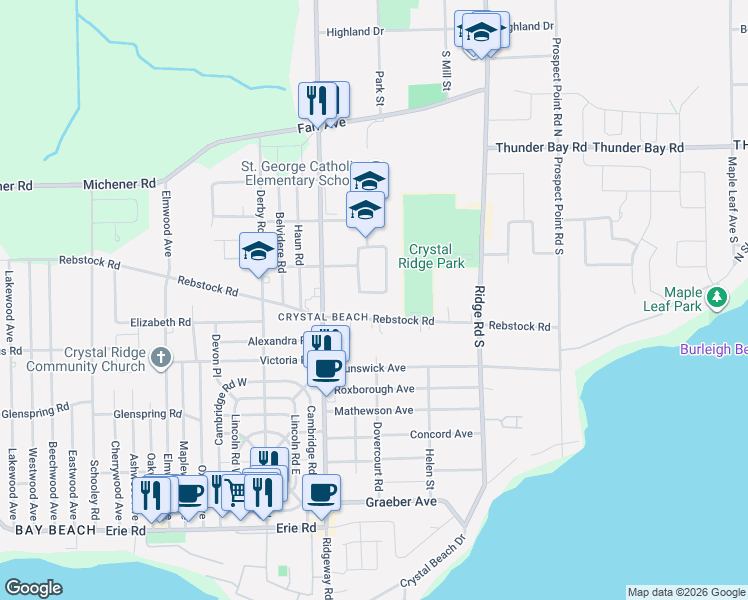 map of restaurants, bars, coffee shops, grocery stores, and more near 25 Saint George Court in Fort Erie